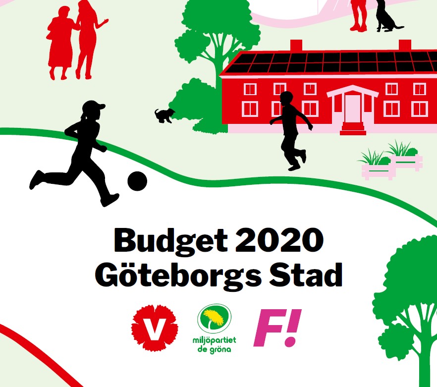 Framsidan av budgeten: grafik av två barn spelar fotboll utanför skola.