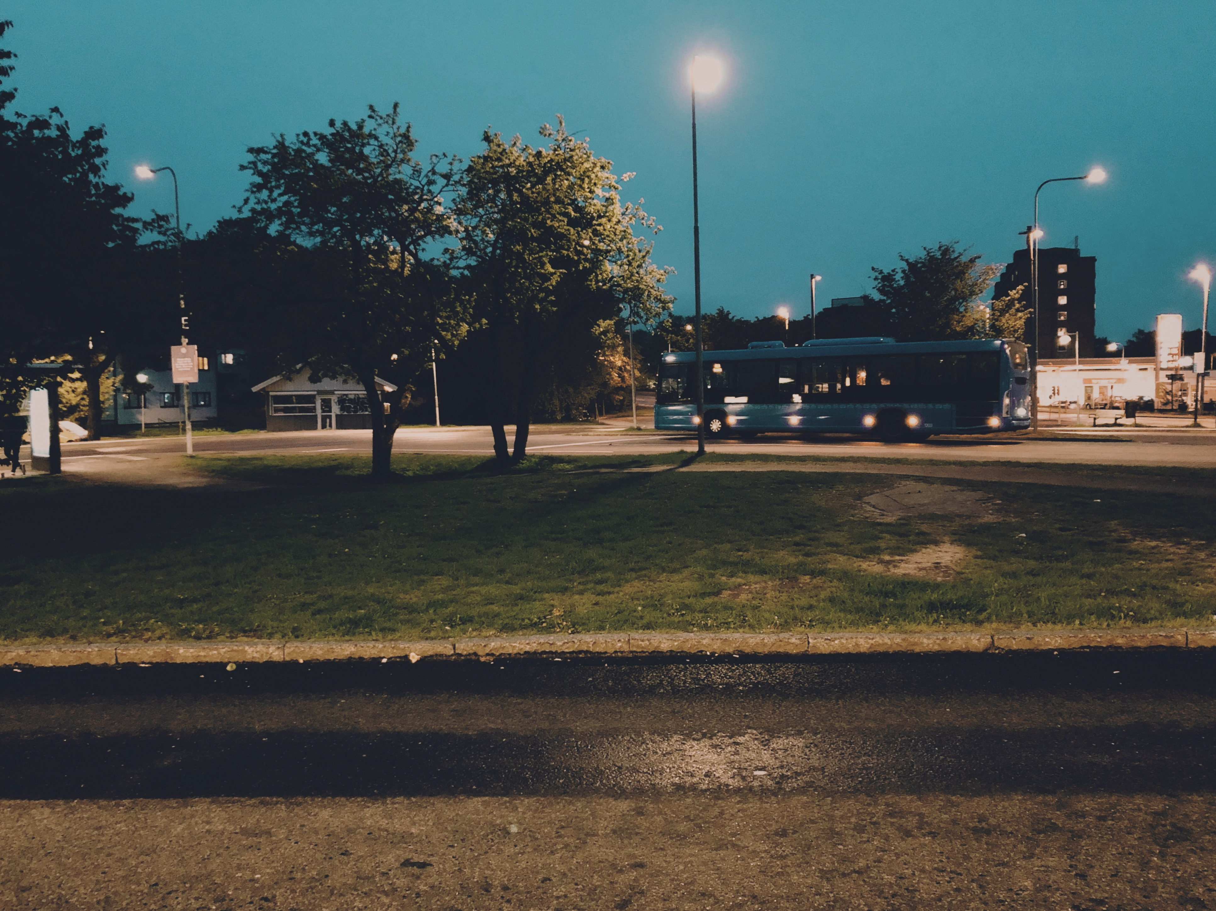 Blå buss kör förbi gräsyta på kvällen