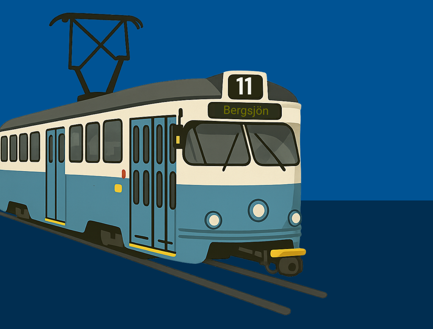 Bild på tecknad spårvagn, linje 11 mot Bergsjön