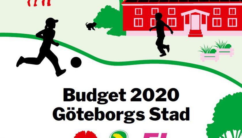 Framsidan av budgeten: grafik av två barn spelar fotboll utanför skola.